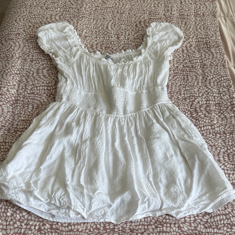 Hollister White Puff-Sleeve Smocked Waist Jumper - Women's Large